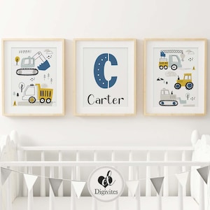 Set of 3 personalised construction prints, Little boys construction wall art, boys bedroom decor, custom named prints, downloadable prints