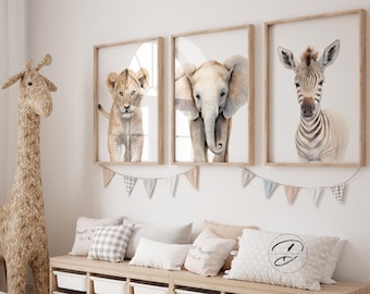 Safari Nursery Prints, Watercolor Baby Animals, Set of 3