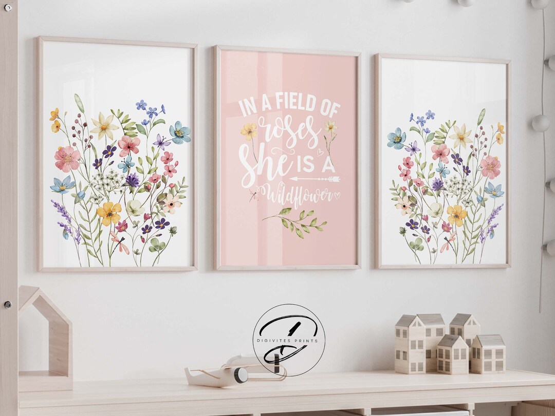 Set of 3 Wildflower Nursery Wall Art, Girls Wall Art, Pink Baby Nursery ...