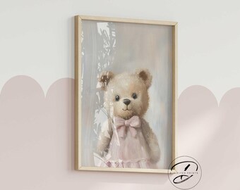 Vintage Teddy Bear Print, Pink Dress, Coquette Nursery Art (Digital Download)