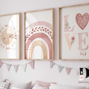 Juego de 3 impresiones de arcoíris boho para guardería, arte de pared digital para guardería de niña, decoración de guardería, arte imprimible, impresión de sol arcoíris, decoración de guardería bohemia