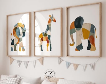 Safari Nursery Prints, Abstract Baby Animals, Set of 3 (Digital Download)