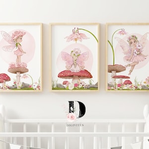Juego de 3 impresiones de jardín de hadas, alas de hadas, decoración de dormitorio de niñas, decoración de guardería, rosa ruborizado, arte de guardería de hadas, guardería de cuento de hadas, regalo de niña