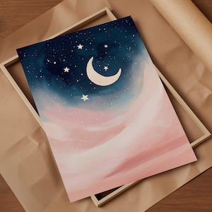 Cielo nocturno con luna y estrellas de ensueño, arte de pared celestial para guardería, paisaje nocturno en rosa pastel y azul, decoración de habitación para niños pequeños, arte de pared imprimible