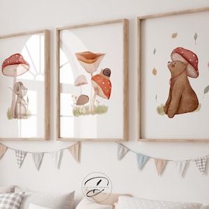 Stampa Woodland, stampa neutra per cameretta dei bambini, stampa a forma di fungo, arredamento boho per cameretta dei bambini, arredamento neutro per genere,