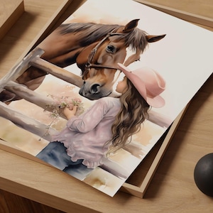 Cowgirl paard kwekerij print, cowgirl decor, baby meisje westerse kinderkamer inrichting, digitale kinderkamer kunst aan de muur, westerse kunst, meisjes slaapkamer inrichting