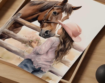 May include: A watercolor painting of a brown and white horse with a pink bridle, nuzzling a young girl wearing a pink cowboy hat and a pink and white shirt. The girl is holding a bouquet of pink flowers.