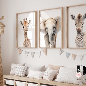Set von 3 Safari Baby Tierdrucken, DIGITALER DOWNLOAD, Safari-Kinderzimmer-Wand-Kunst, Dschungel-Kinderzimmer-Dekor, Aquarell Tiere, Kinderzimmer