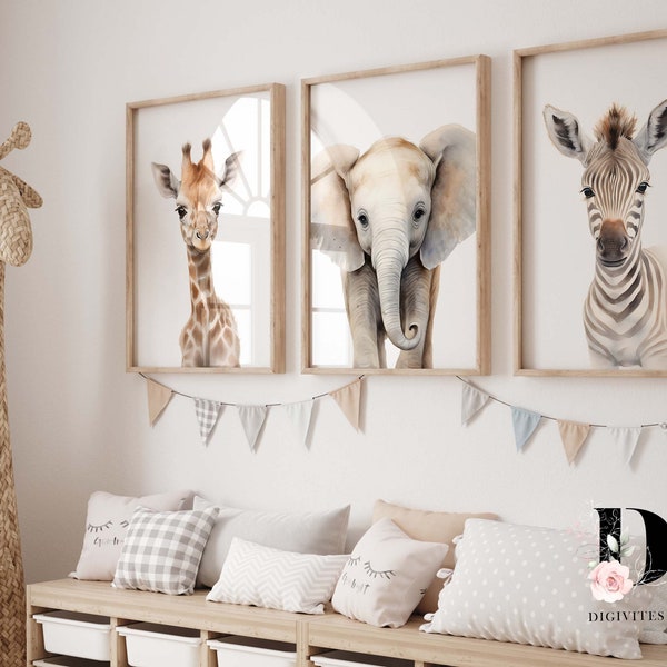 Ensemble de 3 impressions d'animaux de bébé pour chambre d'enfant Safari, TÉLÉCHARGEMENT NUMÉRIQUE, art mural pour chambre d'enfant Safari, décoration de chambre d'enfant dans la jungle, animaux à l'aquarelle, chambre d'enfant