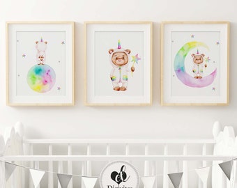 Unicorn prints, Girls Nursery Wall Art, girly prints, rainbow print, Moon, Bear on rainbow moon, Watercolour Unicorn print, Christmas gift