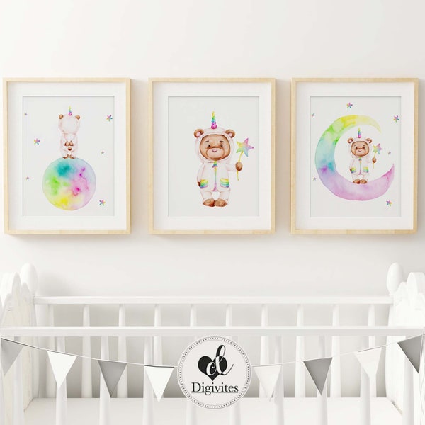 Unicorn prints, Girls Nursery Wall Art, girly prints, rainbow print, Moon, Bear on rainbow moon, Watercolour Unicorn print, Christmas gift