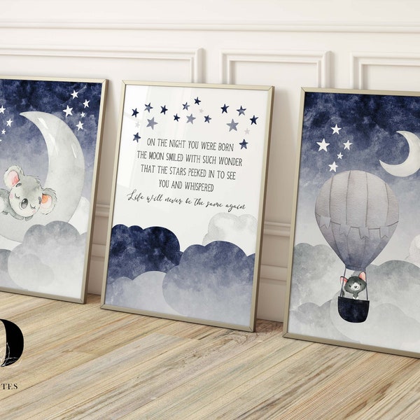 Baby boy nursery wall art prints, Navy Nursery art, Australian animal prints, Quote print, Boho Nursery decor, Set of 3, kids bedroom prints