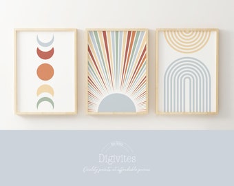 Boho nursery, Neutral Rainbow wall art set of 3 prints, You are my sunshine print, Rainbow nursery decor, kids room decor, Girl nursery art