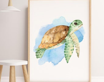 Girl, Boy nursery decor.  Marine Life Nursery wall art. Kids Bedroom Wall Art, Turtle Wall Art, Watercolour Ocean, Unisex Print Watercolour