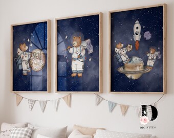 Teddy Bear Astronaut Nursery Prints, Space Theme, Set of 3 (Digital Download)