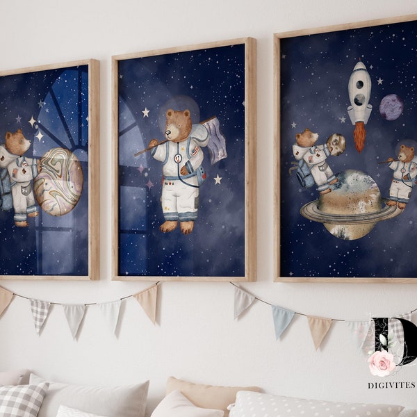 Set of 3 Digital download Nursery prints, Space Wall art, Teddy bear prints, space themed nursery decor, kids bedroom decor, Navy blue art