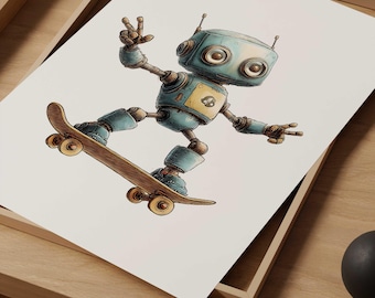 Skateboarding Robot Print, Playful Nursery Art (Digital Download)