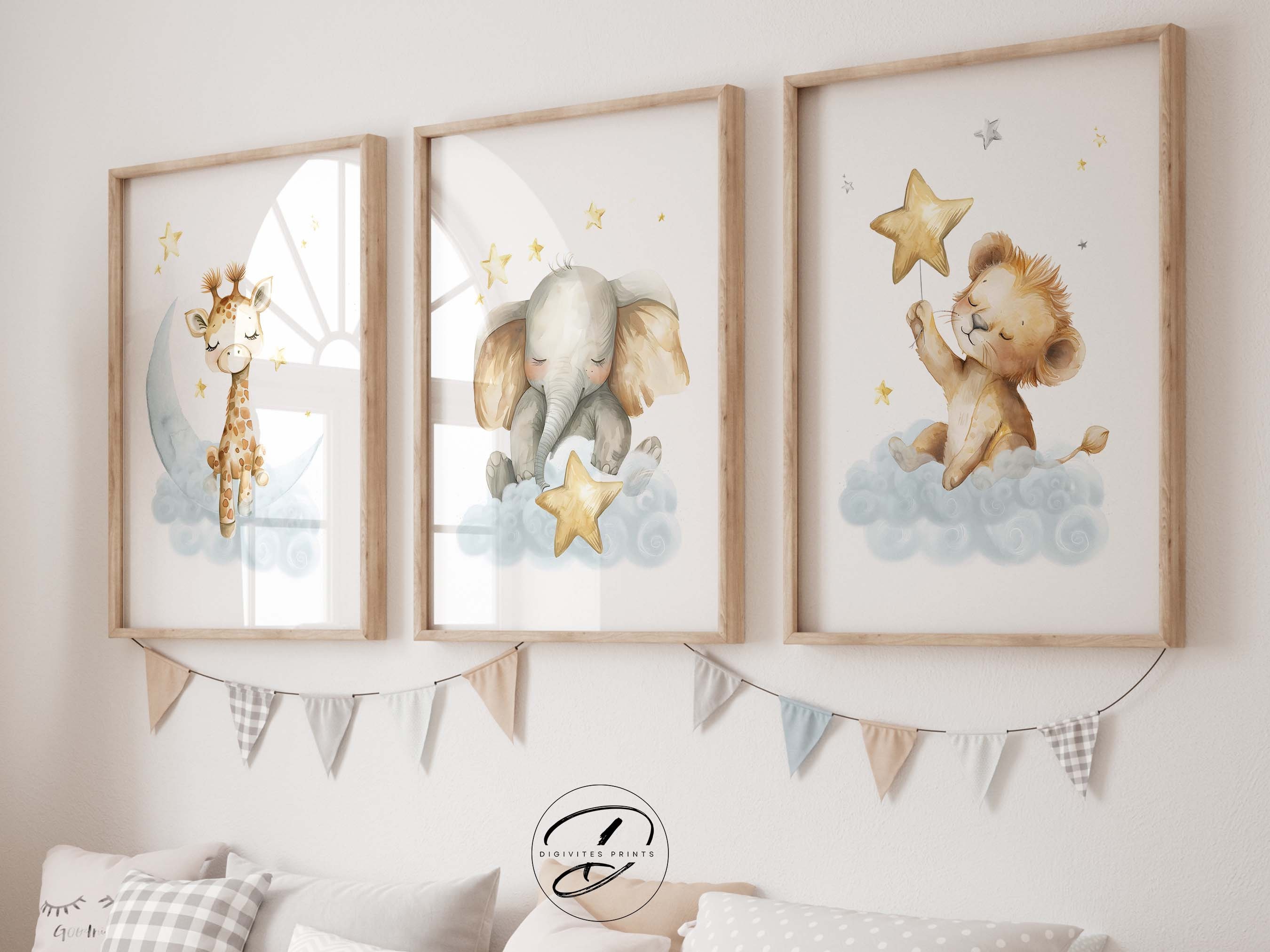 Safari Nursery decor, Watercolour safari animals sleeping on clouds, DIGITAL animal nursery wall art, Baby boy nursery art, downloadable art