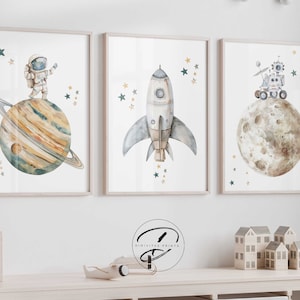 Juego de 3 impresiones espaciales, arte mural imprimible del espacio exterior, pósteres de astronautas, descarga digital, arte mural para habitación de niños, cohetes espaciales, impresiones de planetas