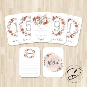 Cartes bébé étape importante | Cartes photo | Cartes d'étape pour bébé fille | Cartes florales d'étape importante | faire-part de naissance | 40 cartes | Fête prénatale