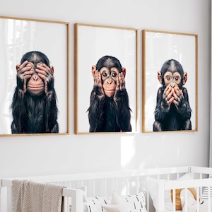 May include: Set of three framed prints featuring chimpanzees in the 'see no evil, hear no evil, speak no evil' poses. Each print showcases a chimpanzee with its hands covering its eyes, ears, and mouth, respectively. The frames are a light wood color.