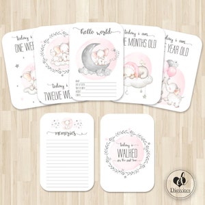Cartes jalons bébé fille | 40 cartes Jalon et Moments | Accessoires photo | Cartes d'étape | Cadeau baby shower | Nouveau cadeau de bébé | Éléphants