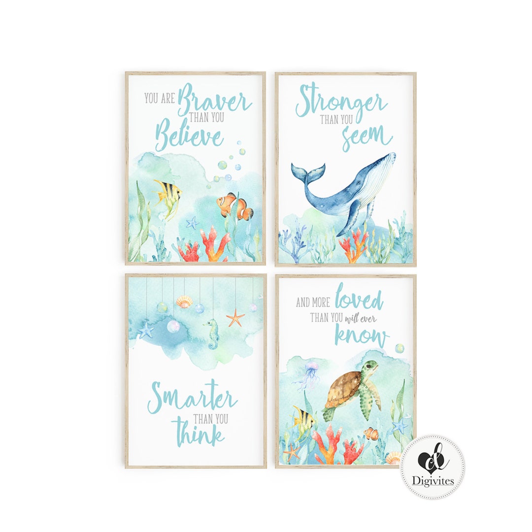 Girl Boy Nursery Decor. Marine Sea Life Nursery Wall Art. Set of Four