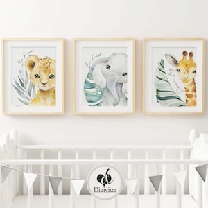 Safari Animal Nursery wall art prints, Elephant, Lion and Giraffe, set of 3 prints, Nursery prints, Safari Nursery decor, Gender Neutral