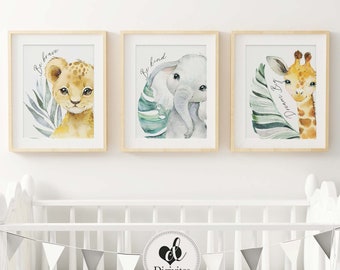 Safari Animal Nursery wall art prints, Elephant, Lion and Giraffe, set of 3 prints, Nursery prints, Safari Nursery decor, Gender Neutral