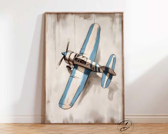 May include: A vintage airplane painted in blue and white with a brown wooden background. The airplane is flying in a downward direction.