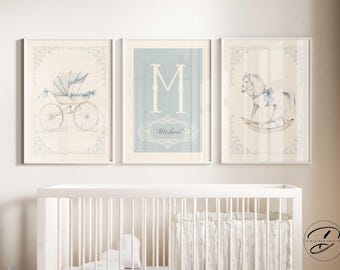Personalized Vintage Rocking Horse Nursery Art, Monogram Decor Print
