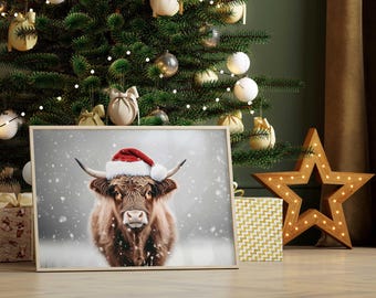 Highland Cow Christmas Print, Farmhouse Holiday Wall Art (Digital Download)