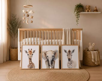 Safari Nursery Wall Art Set of 3, Giraffe, Elephant & Zebra, Neutral Nursery Print