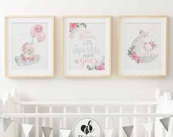 Girl nursery decor.  Boho Floral Elephant Nursery wall art.  Set of three Nursery Wall prints. Moon, Clouds, She leaves a little sparkle