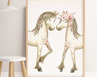 Girl nursery decor.  Boho loving ponies Nursery wall art. Little Girls Room print, Boho Horses Wall print, Watercolour, Ponies wall art