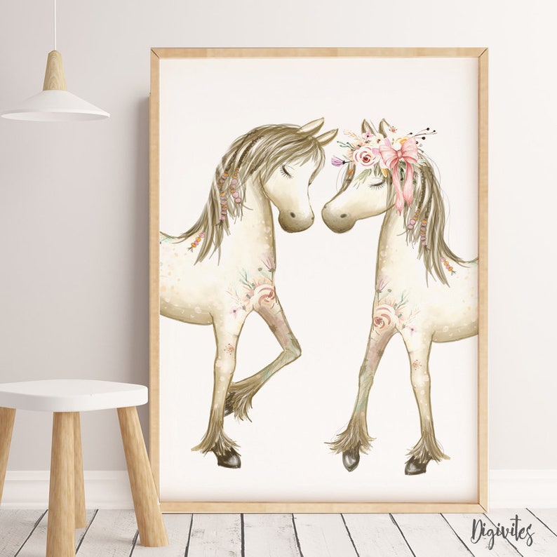 Girl nursery decor. Boho loving ponies Nursery wall art. Little Girls Room print, Boho Horses Wall print, Watercolour, Ponies wall art image 1