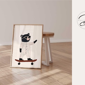 Cool Skater Bear Wall Art, Playful Nursery Decor, Girl skateboard print, Girls bedroom decor, Printable wall art, Toddler room decor