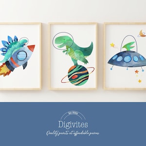 宇宙の恐竜を描いたプリントウォールアート。男の子の部屋、寝室、プレイルームにぴったり。赤ちゃんの部屋の装飾、恐竜ウォールアート
