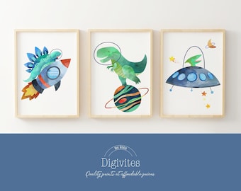 Dinosaur Space Print Set, Watercolor Nursery Art (Digital Download)