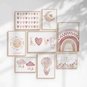 Girl Room DIGITAL Posters Gallery Wall Set of 8, Girl Playroom Prints, Girls Pink Watercolour Prints, Nursery Wall Art, Girls Room Bundle