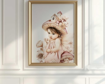 キノコの妖精の女の子のプリント：気まぐれな子供部屋の壁アート（デジタルダウンロード）