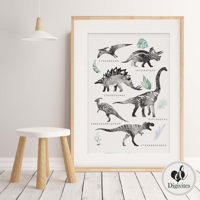 Boy nursery decor. Dinosaur Nursery wall art. Little Boys Room print, Dinosaur Print, Triceratops, Stegosaurus, Tyrannosaurus, botanical image 1