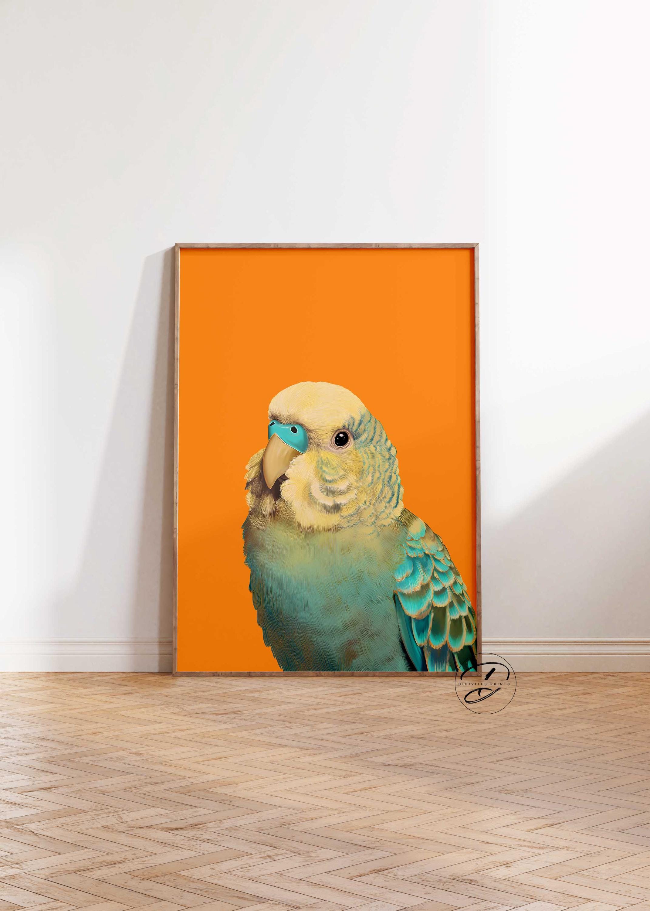 カラフルなセキセイインコのアートプリント、トロピカルなオウムの