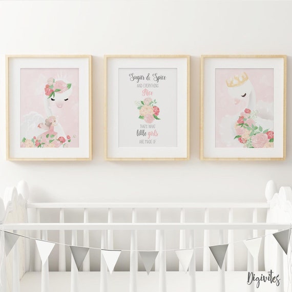Baby Girl Swan Princess Nursery or Bedroom Wall Art Prints. - Etsy