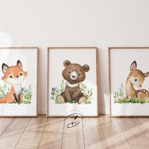 Woodland Animal Nursery Prints Set of 3, Forest Animal Wall Art, Baby Room Decor, Gender Neutral Woodland Nursery Art, Printable wall art