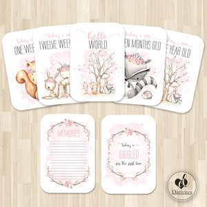 Baby Girl Milestone Cards | 40 cards | Milestone and Moments Cards | Photo Props | Milestone cards | Baby Shower Gift | Pink | Woodland