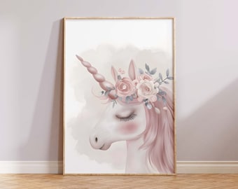 Unicorn Print, Blush Pink Floral Wall Art, Girls Room Decor