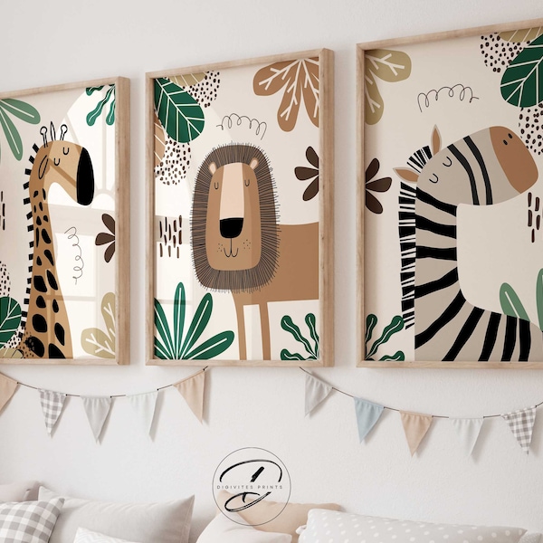 Safari Nursery Wall Prints, Nursery Decor, Jungle Nursery, Set of 3 Prints Green print, Digital safari, playroom posters, toddler room decor