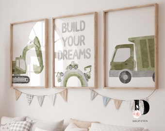 Stampe di camion da costruzione, decorazioni per la cameretta dei bambini (arte digitale)
