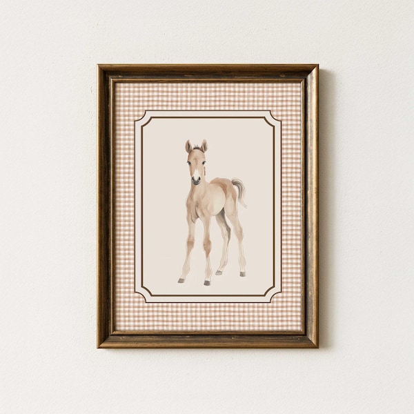 Baby Foal Nursery Print, Watercolor Horse, Brown Gingham (Digital Download)
